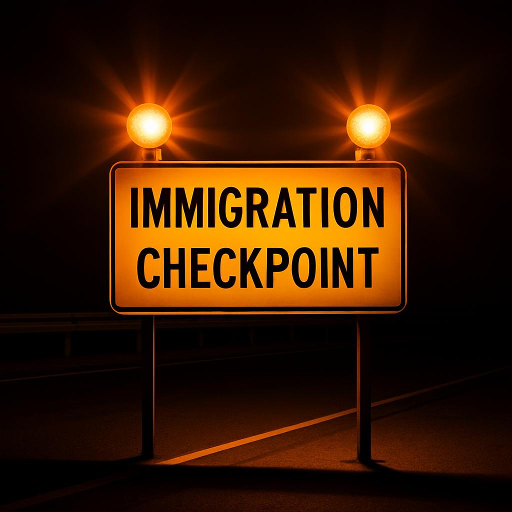 "An orange sign with the words 'Immigration Checkpoint' on a dark background, illuminating two yellow lights atop with a r...