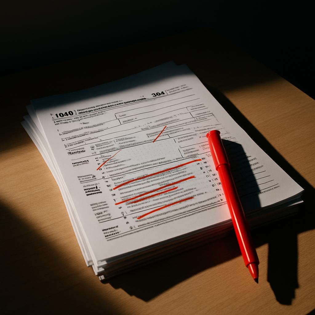 A stack of papers featuring a 1040 tax form and a red pen on a wooden table, amidst a descending black area.