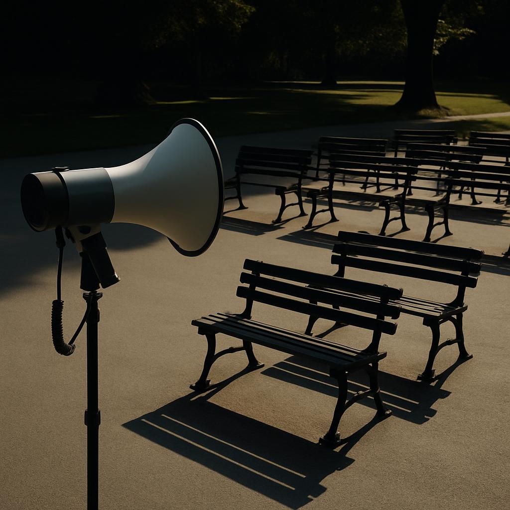 A large outdoor space with several benches and a single prominent megaphone. The dark lighting and shadows suggest this co...