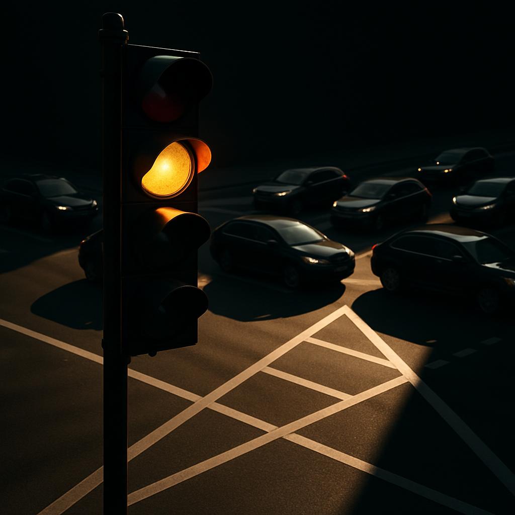 A dark street with lit signal.